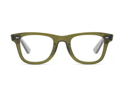 Caddis presents Porgy Backstage Readers: olive green rectangular eyeglasses with clear lenses, featuring a double-dot on each frame's front. The stylish design includes engraved frames, subtly enhancing sophistication.