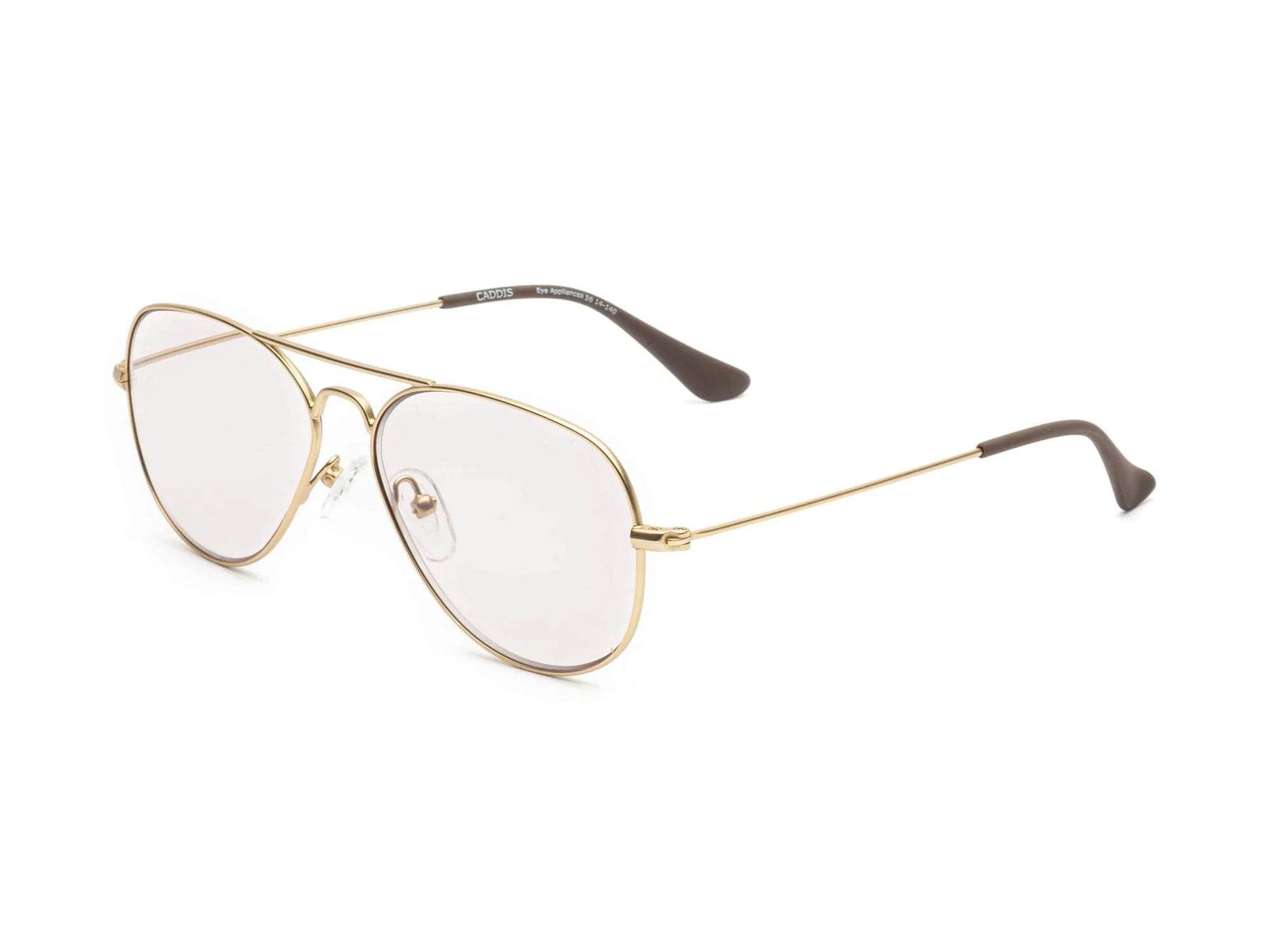 The Caddis Mabuhay Readers by Caddis feature gold metal aviator frames with clear lenses and black temple tips, inspired by classic aviator styles. These wire frame glasses are showcased against a white background.
