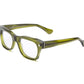 The Caddis Muzzy Reader features an olive green rectangular acetate frame with clear, scratch-resistant lenses, shown on a white background.