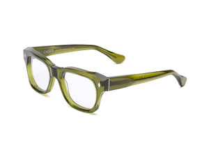 The Caddis Muzzy Reader features an olive green rectangular acetate frame with clear, scratch-resistant lenses, shown on a white background.