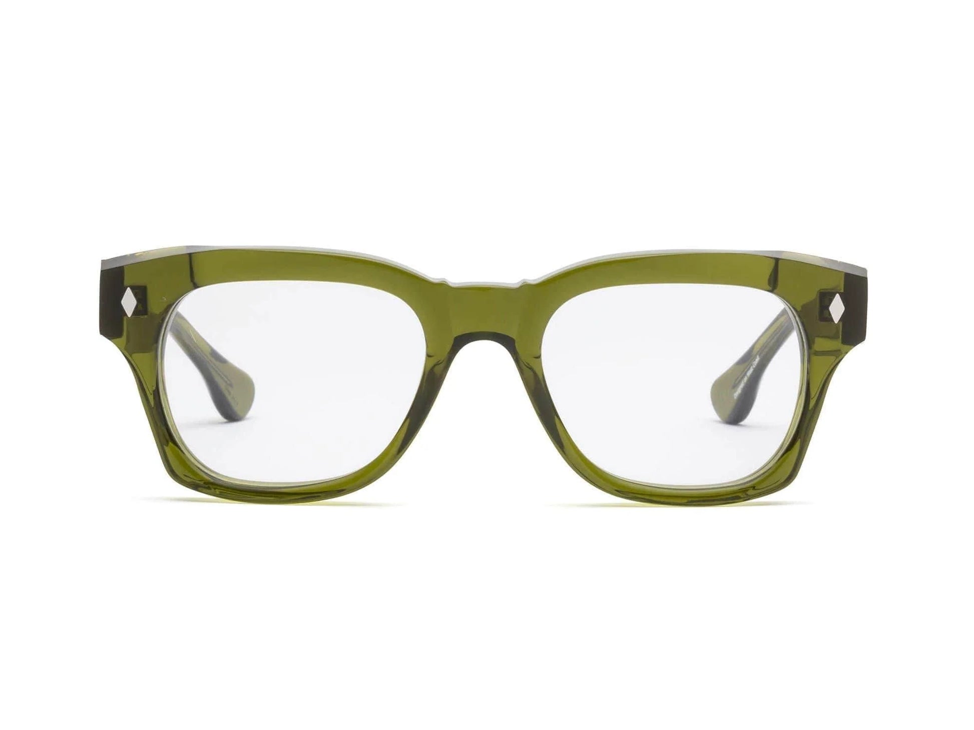 Front view of Muzzy Reader by Caddis—rectangular green eyeglasses with a premium acetate frame, thick edges, and clear, scratch-resistant lenses.