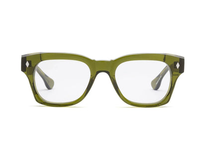 Front view of Muzzy Reader by Caddis—rectangular green eyeglasses with a premium acetate frame, thick edges, and clear, scratch-resistant lenses.