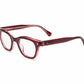 The Caddis Wabi Sabi features red, rectangular eyeglasses with clear lenses and thick bio-based acetate frames, displayed on a white background.
