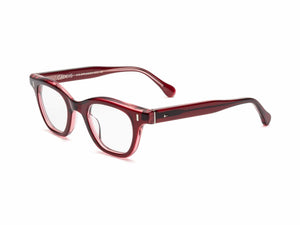 The Caddis Wabi Sabi features red, rectangular eyeglasses with clear lenses and thick bio-based acetate frames, displayed on a white background.
