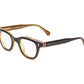The Caddis Wabi Sabi eyeglasses feature thick, black rectangular bio-based acetate frames and slightly curved brown temples with scratch-resistant lenses, displayed on a white background.
