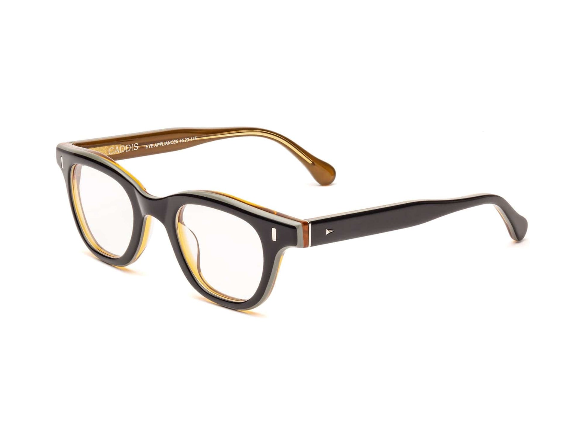 The Caddis Wabi Sabi eyeglasses feature thick, black rectangular bio-based acetate frames and slightly curved brown temples with scratch-resistant lenses, displayed on a white background.