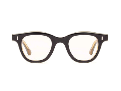 The Caddis Wabi Sabi features thick-rimmed black rectangular eyeglasses with clear, scratch-resistant lenses, displayed front-facing on a white background.