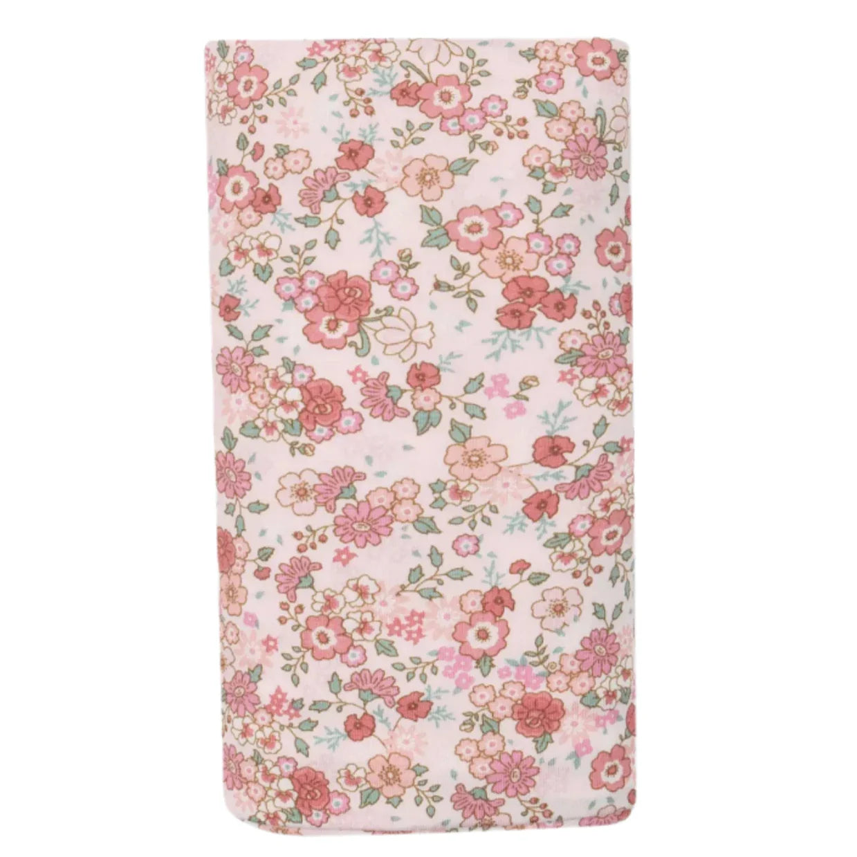 The Angel Dear Pretty Calico Swaddle Blanket is a rectangular swaddle, featuring a pink and red floral pattern on a white background, made from machine washable viscose derived from bamboo.