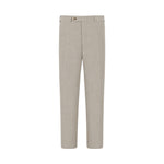 The Canali Flat Front Trouser is a men’s regular-fit pant crafted from light beige pure wool flannel, featuring a front-facing design with button and zipper closure, belt loops, and side pockets. Displayed against a plain white background, these trousers offer a versatile look.
