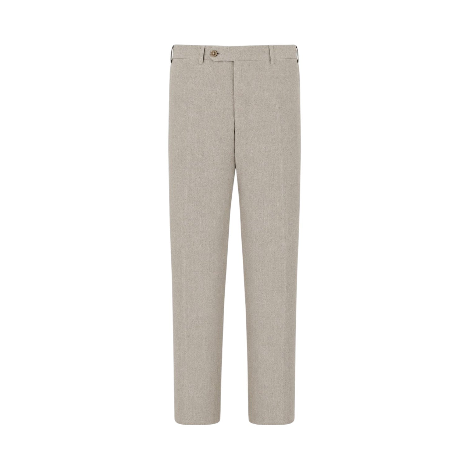 The Canali Flat Front Trouser is a men’s regular-fit pant crafted from light beige pure wool flannel, featuring a front-facing design with button and zipper closure, belt loops, and side pockets. Displayed against a plain white background, these trousers offer a versatile look.