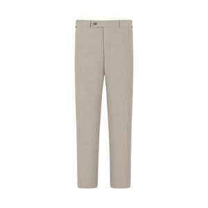 The Canali Flat Front Trouser is a men’s regular-fit pant crafted from light beige pure wool flannel, featuring a front-facing design with button and zipper closure, belt loops, and side pockets. Displayed against a plain white background, these trousers offer a versatile look.