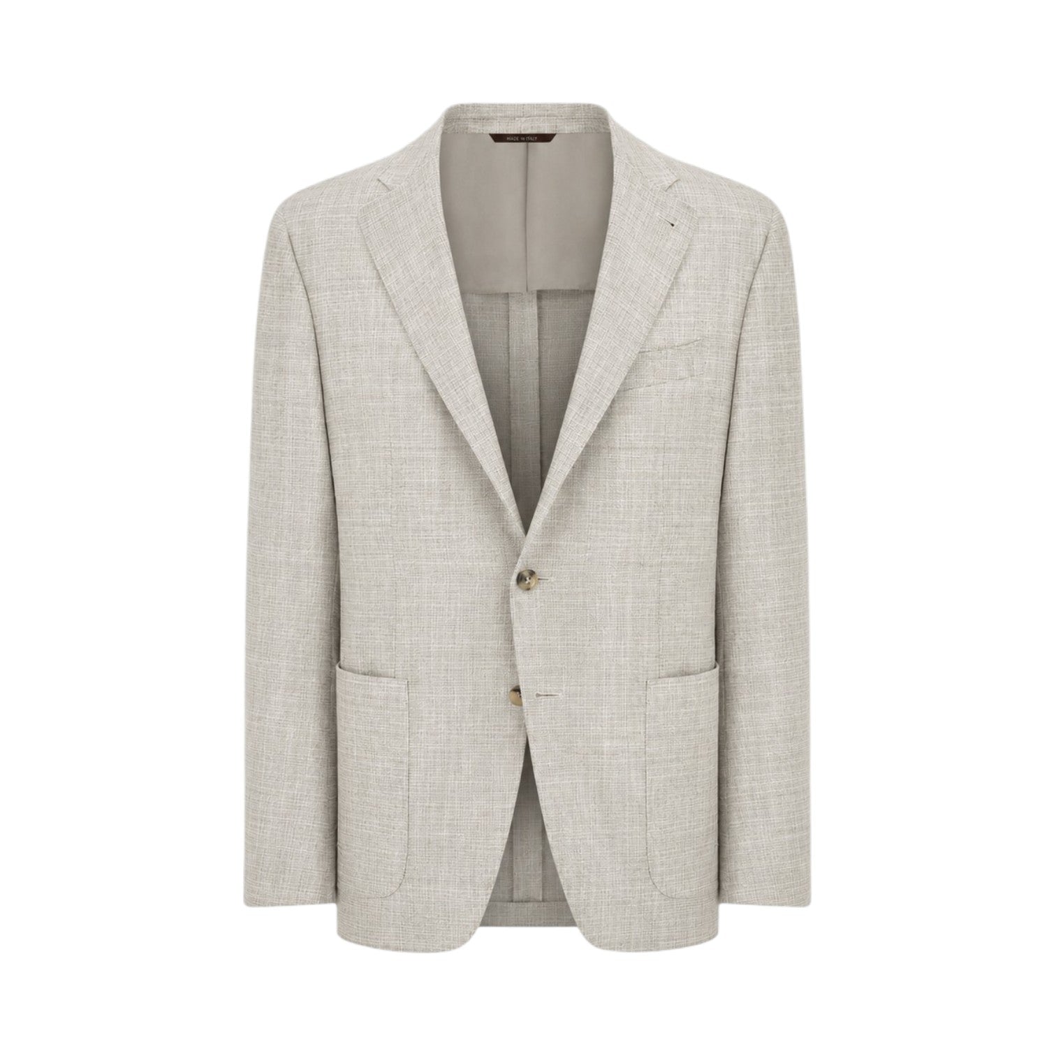 The Canali Linen Blend Jacket is a light grey single-breasted blazer crafted from a luxurious wool, silk, and linen blend. Featuring notched lapels, two front buttons, and two patch pockets, this men’s elegant jacket offers a modern fit ideal for a refined yet contemporary style.
