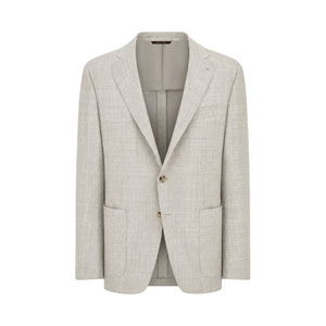 The Canali Linen Blend Jacket is a light grey single-breasted blazer crafted from a luxurious wool, silk, and linen blend. Featuring notched lapels, two front buttons, and two patch pockets, this men’s elegant jacket offers a modern fit ideal for a refined yet contemporary style.