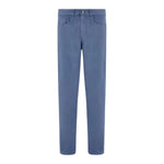 The Canali Solid Denim Sports Trouser features a light blue stretch fabric, straight-leg design, button closure, and front pockets, shown against a white background.