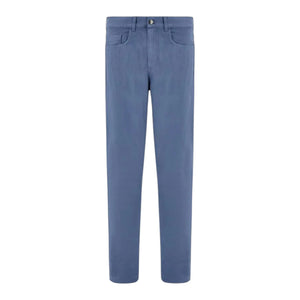 The Canali Solid Denim Sports Trouser features a light blue stretch fabric, straight-leg design, button closure, and front pockets, shown against a white background.