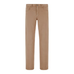 The Canali Solid Denim Sports Trouser is a pair of straight-leg, light brown regular fit pants with belt loops, front pockets, and a button closure, made from comfortable stretch fabric.