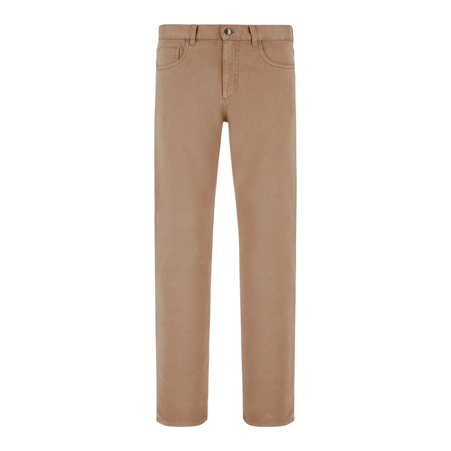 The Canali Solid Denim Sports Trouser is a pair of straight-leg, light brown regular fit pants with belt loops, front pockets, and a button closure, made from comfortable stretch fabric.