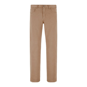 The Canali Solid Denim Sports Trouser is a pair of straight-leg, light brown regular fit pants with belt loops, front pockets, and a button closure, made from comfortable stretch fabric.