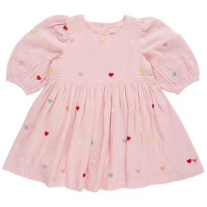 The Pink Chicken Girls' Brooke Dress by Pink Chicken showcases puffed sleeves and charming candy heart embroidery, perfect for any occasion.