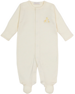 The Kissy Kissy Baby Premier Giraffe Love Hand Emb. Striped Footie is a cream-colored baby onesie with long sleeves, crafted from soft Peruvian cotton and featuring a small hand-embroidered giraffe design on the chest, shown laid flat on a white background.