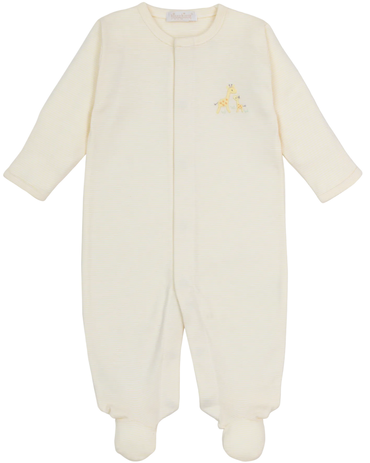 The Kissy Kissy Baby Premier Giraffe Love Hand Emb. Striped Footie is a cream-colored baby onesie with long sleeves, crafted from soft Peruvian cotton and featuring a small hand-embroidered giraffe design on the chest, shown laid flat on a white background.