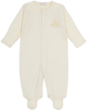 The Kissy Kissy Baby Premier Giraffe Love Hand Emb. Striped Footie is a cream-colored baby onesie with long sleeves, crafted from soft Peruvian cotton and featuring a small hand-embroidered giraffe design on the chest, shown laid flat on a white background.