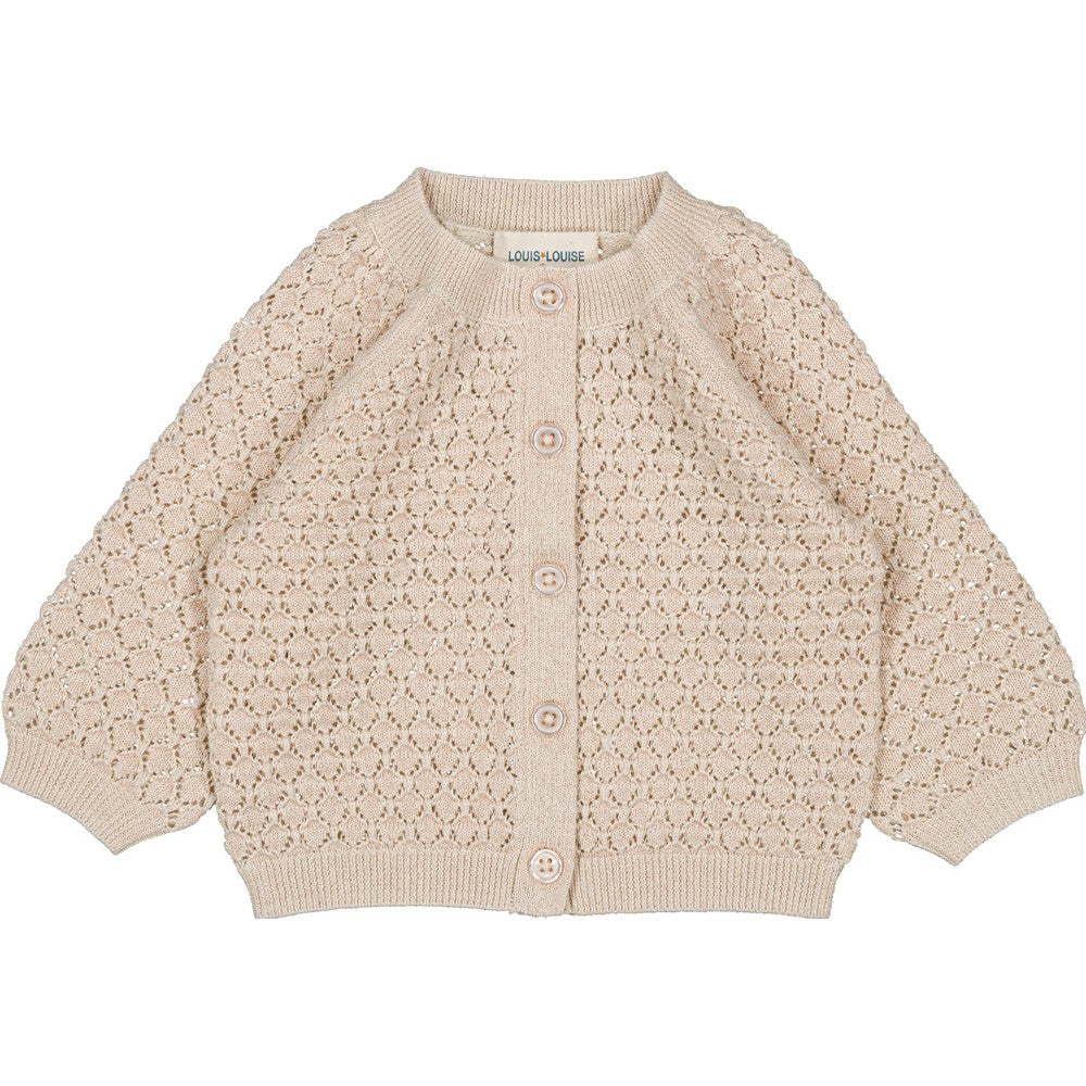 The Louis Louise Baby Girls' Sucrine Knitted Wool Blend Lurex Cardigan features a beige openwork pattern, round neck, long sleeves, ribbed trims, front buttons, and is made from a cozy wool-cotton blend.