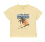 The Boys' and Girls' Caribbean T-Shirt by Arsene & Les Pipelettes features a yellow relaxed fit with "CARIBBEAN TRANQUILO" text, a palm tree graphic, and an orange sun printed on the front. Crafted from soft organic cotton, this sustainable kids’ shirt offers both comfort and eco-friendly style for everyday adventures.