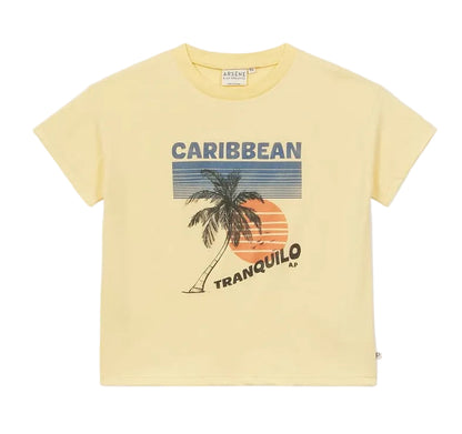 The Boys' and Girls' Caribbean T-Shirt by Arsene & Les Pipelettes features a yellow relaxed fit with "CARIBBEAN TRANQUILO" text, a palm tree graphic, and an orange sun printed on the front. Crafted from soft organic cotton, this sustainable kids’ shirt offers both comfort and eco-friendly style for everyday adventures.