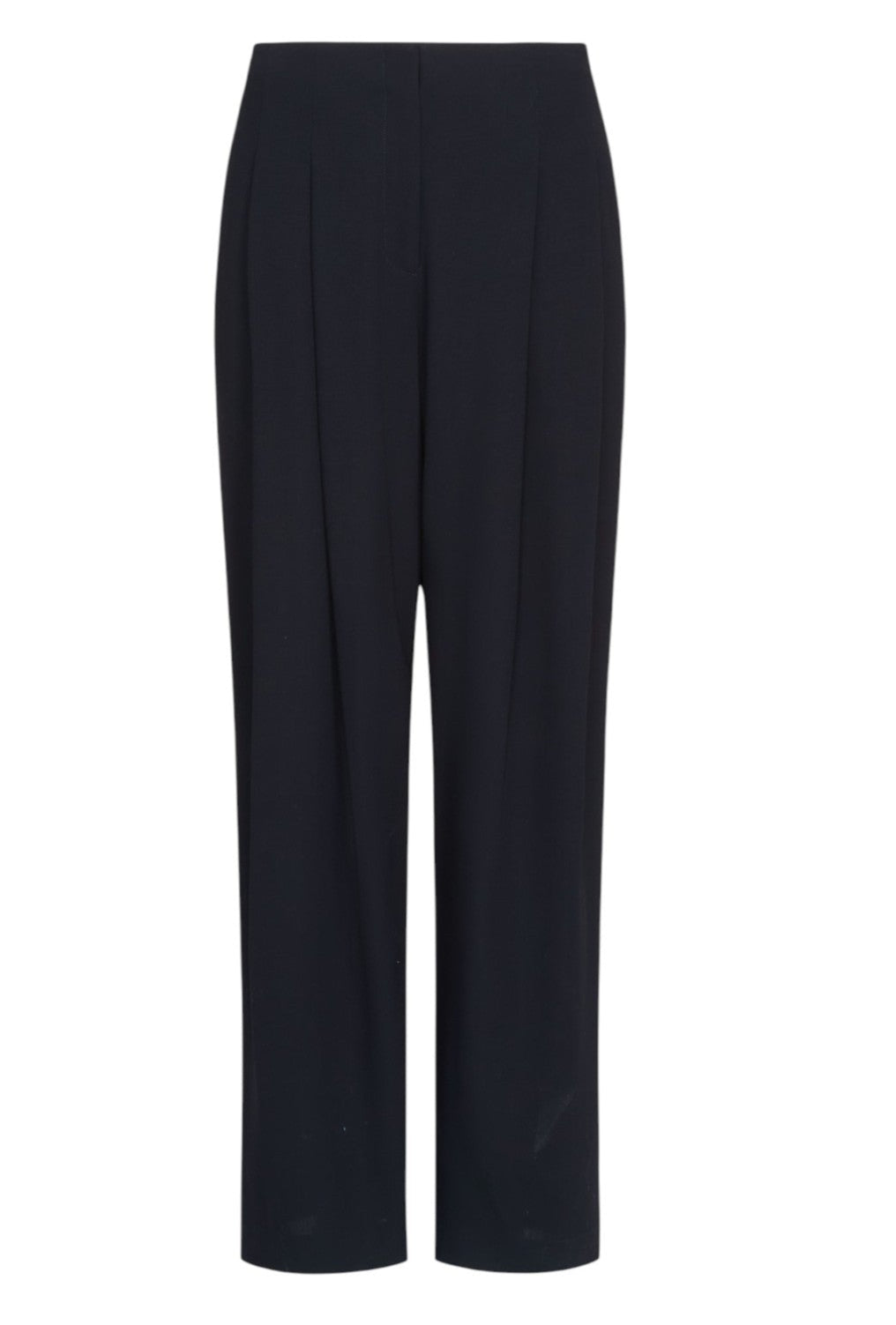 The Carries Trouser by TWP is a pair of high-rise, oversized black wool crepe trousers with front pleats and straight legs, shown on a white background.