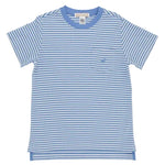 A Baby Boys’ and Boys’ Carter Crewneck t-shirt by The Beaufort Bonnet Company, featuring light blue and white stripes, short sleeves, a front chest pocket, and crafted from soft Pima cotton, showcased on a plain white background.