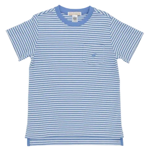 A Baby Boys’ and Boys’ Carter Crewneck t-shirt by The Beaufort Bonnet Company, featuring light blue and white stripes, short sleeves, a front chest pocket, and crafted from soft Pima cotton, showcased on a plain white background.