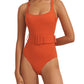 A person wearing the Evarae Cassandra One Piece, an orange swimsuit featuring a belted waist and a square neckline.