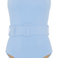 The Evarae Cassandra One Piece by Evarae is a light blue swimsuit with a square neckline, featuring invisible cups for added support and a wide belt with a rectangular buckle at the waist, crafted through sustainable manufacturing practices.