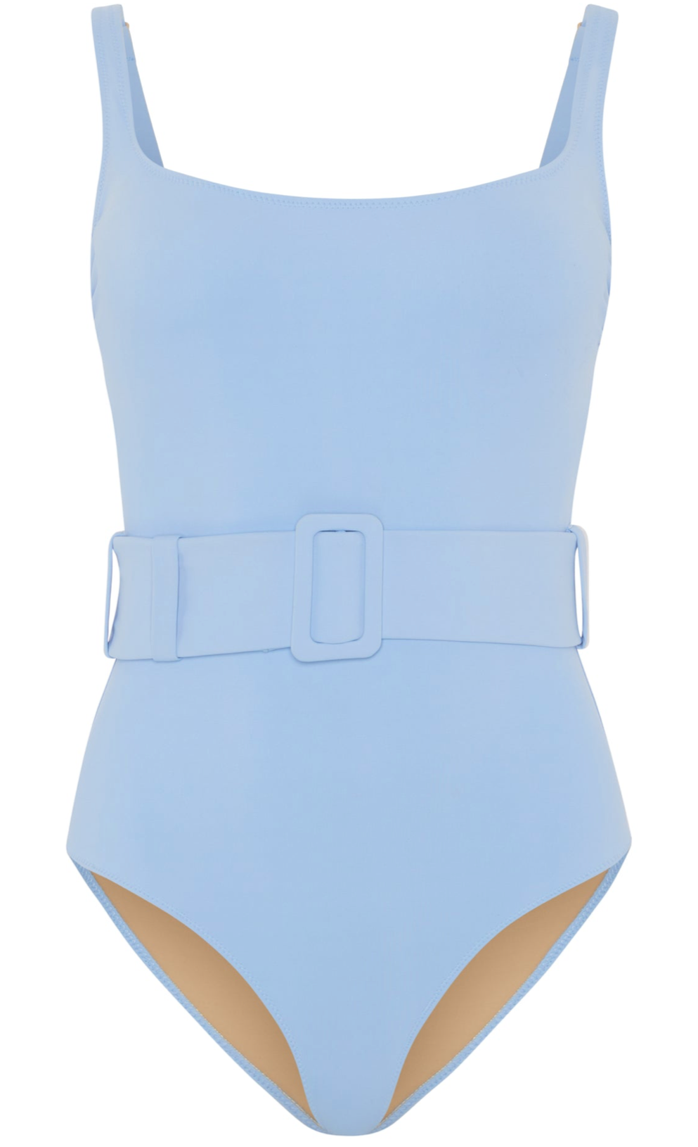 The Evarae Cassandra One Piece by Evarae is a light blue swimsuit with a square neckline, featuring invisible cups for added support and a wide belt with a rectangular buckle at the waist, crafted through sustainable manufacturing practices.