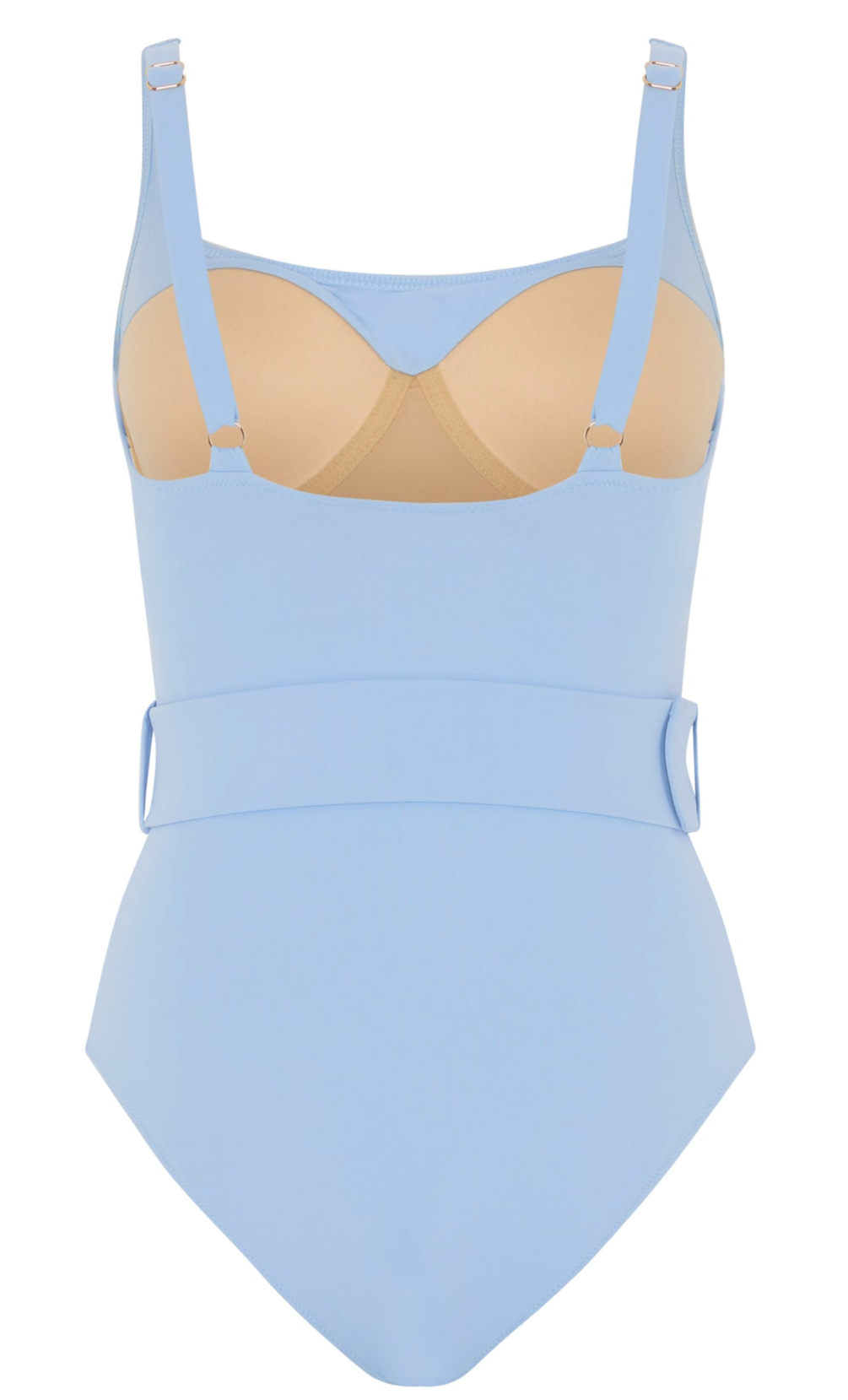 Evarae Cassandra One Piece by Evarae – a light blue swimsuit with wide straps, a belt at the waist, a square neckline, and a nude panel at the bust.