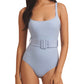 A person wearing the Evarae Cassandra One Piece swimsuit in light blue, featuring a square neckline and a belted waist, made through sustainable manufacturing practices.