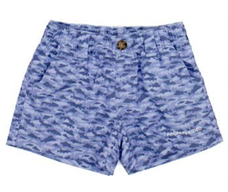 Properly Tied Boys' Mallard Short features a subtle shark pattern, quick-dry fabric, side pockets, and a front button closure.