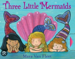 The "Three Little Mermaids" book by Simon & Schuster features an illustrated cover of three mermaids with varied hair colors before a pink seashell, inviting children into an interactive undersea adventure.
