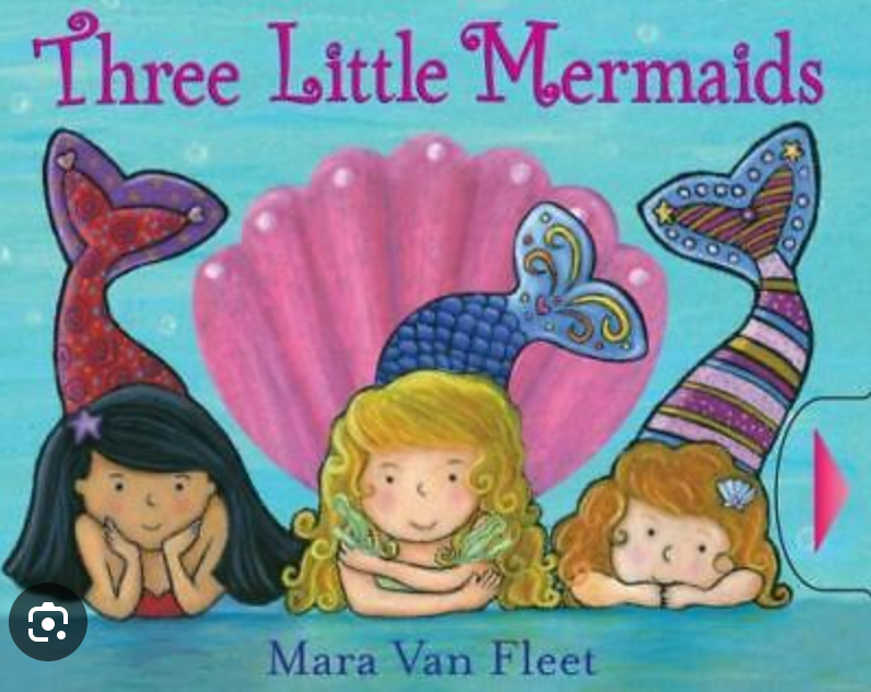 The "Three Little Mermaids" book by Simon & Schuster features an illustrated cover of three mermaids with varied hair colors before a pink seashell, inviting children into an interactive undersea adventure.