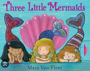 The "Three Little Mermaids" book by Simon & Schuster features an illustrated cover of three mermaids with varied hair colors before a pink seashell, inviting children into an interactive undersea adventure.