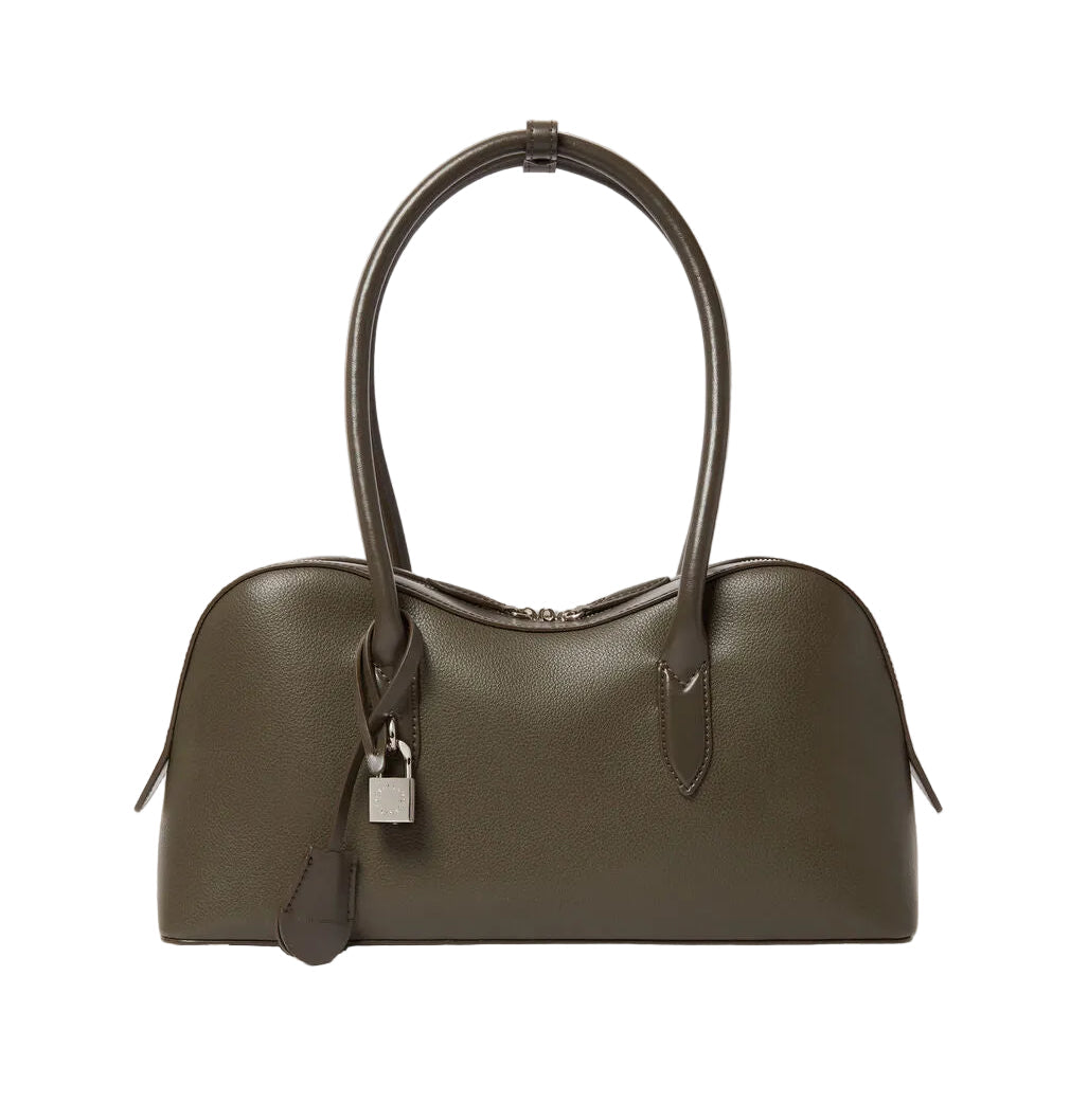 The Ryder Shoulder Bag by Stella McCartney is an olive green, cruelty-free handbag with double handles, a curved top, silver padlock, and matching leather tag, shown against a plain white background.