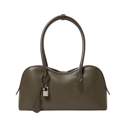 The Ryder Shoulder Bag by Stella McCartney is an olive green, cruelty-free handbag with double handles, a curved top, silver padlock, and matching leather tag, shown against a plain white background.