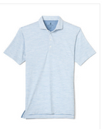 Johnnie-O Seymour Polo featuring a short-sleeve performance design with white and light blue horizontal stripes, a button-up placket, and a spread collar.