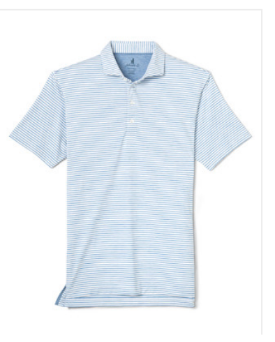 Johnnie-O Seymour Polo featuring a short-sleeve performance design with white and light blue horizontal stripes, a button-up placket, and a spread collar.