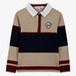 Boys’ Pointed Collar Stripes Polo Shirt by Tartine et Chocolat features tan, navy, and burgundy stripes, a classic white pointed collar, button placket, and an embroidered crest patch on the left chest. Expertly crafted from soft cotton for lasting comfort, this polo shirt blends timeless style with sporty sophistication.