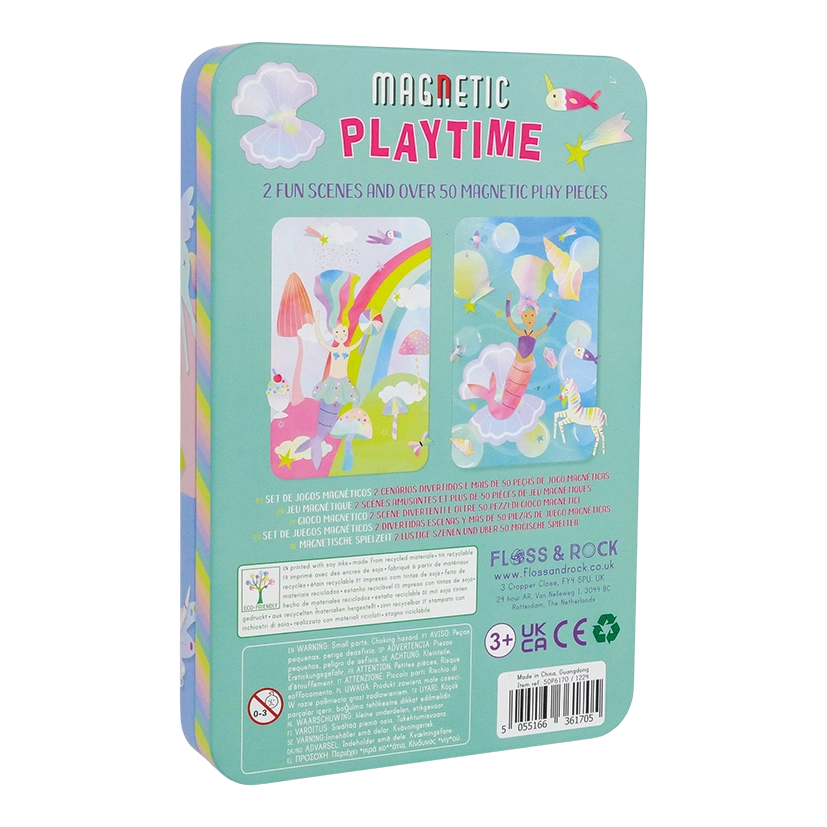 The Fantasy Magnetic Playtime Tin by Floss and Rock is a rectangular magnetic tin adorned with whimsical character and rainbow illustrations, labeled “Magnetic Playtime.” Inside, you’ll find pop-out magnets for imaginative fun. The back details contents, age recommendation, and product information in several languages. Thoughtfully crafted from recycled materials, this tin offers eco-friendly play.