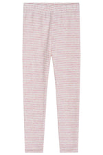 Serendipity Kids’ Rib Stripe Leggings, made from soft organic cotton and GOTS certified, feature a pink and white striped pattern. Shown laid flat on a white background from the front with no visible logos, these leggings combine comfort and style for your little one.