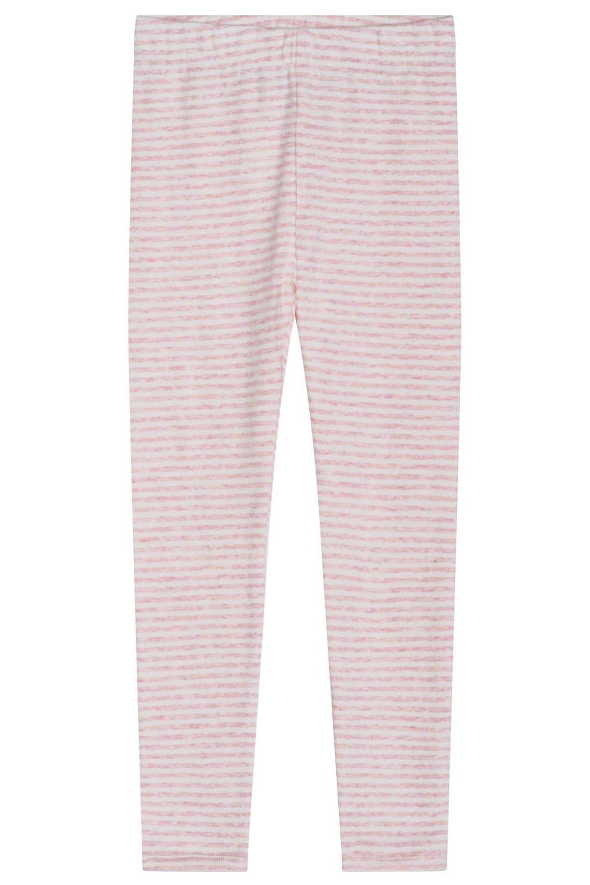 Serendipity Kids’ Rib Stripe Leggings, made from soft organic cotton and GOTS certified, feature a pink and white striped pattern. Shown laid flat on a white background from the front with no visible logos, these leggings combine comfort and style for your little one.
