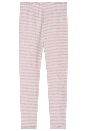 Serendipity Kids’ Rib Stripe Leggings, made from soft organic cotton and GOTS certified, feature a pink and white striped pattern. Shown laid flat on a white background from the front with no visible logos, these leggings combine comfort and style for your little one.